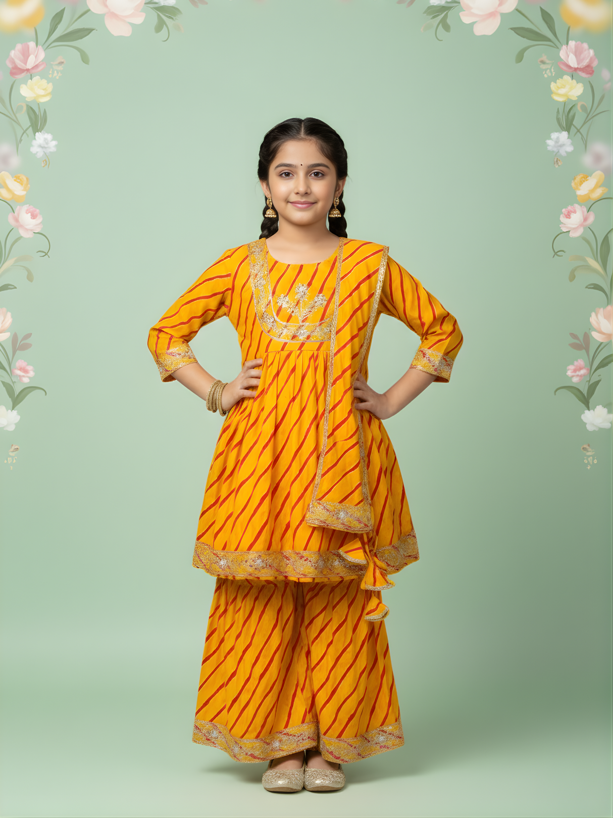 Girls' Yellow Leheriya Print Sharara and Dupatta