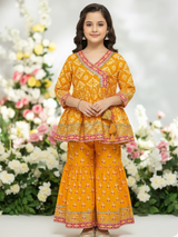 Girls' Vibrant Orange Floral Print Angrakha Kurti and Tiered Sharara Set