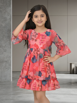 Vibrant Watercolor Floral Frock with Bell Sleeves and Ruffle Hem