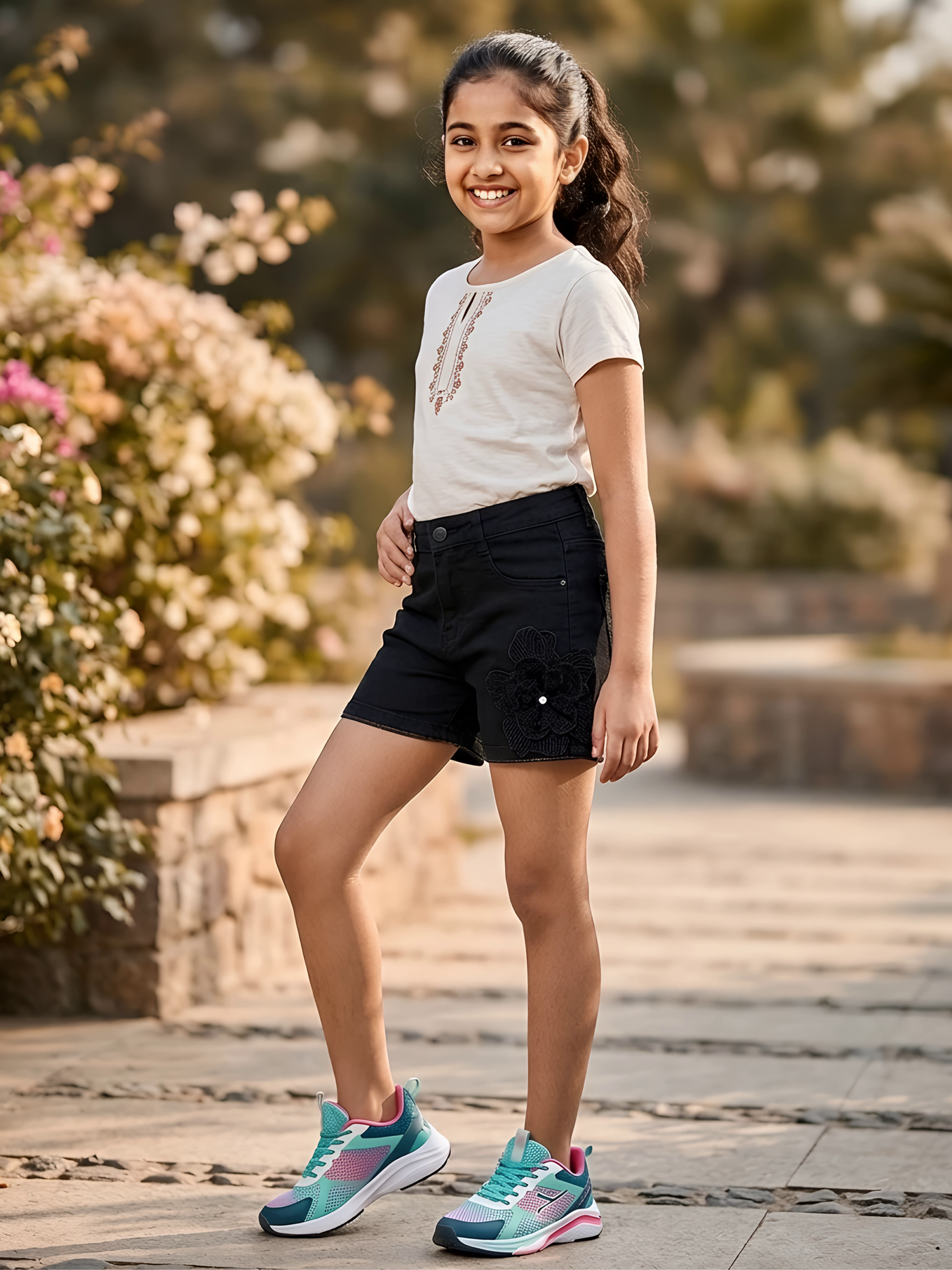 Girls' Black Embroidered Floral Denim Shorts
