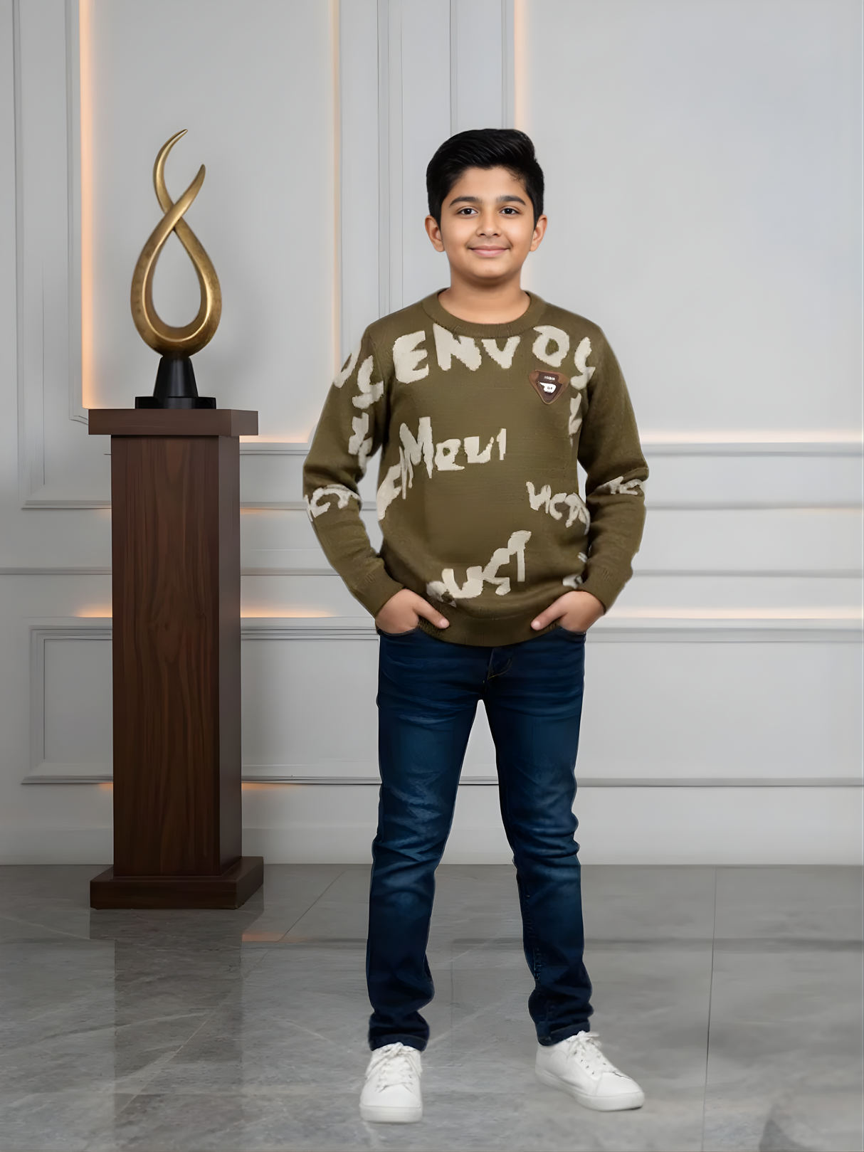 Boys' Olive Green "ENVOY" Abstract Typography T-Shirt