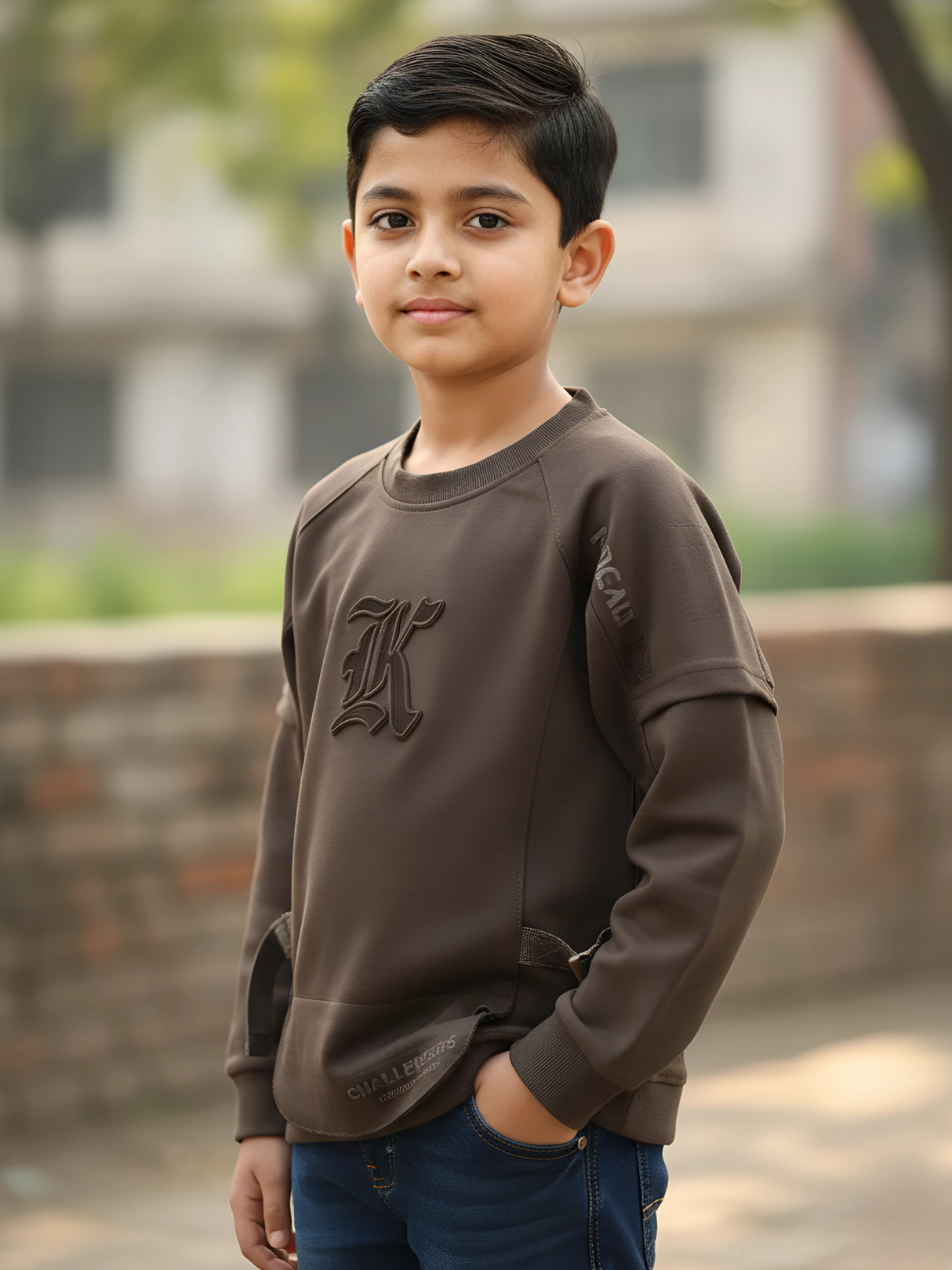 Boys Dark Green "Challengers" Graphic Full Sleeve Textured T-Shirt