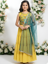 Girls' Heavily Embroidered Yellow Choli, Tiered Skirt, and Teal Dupatta Set