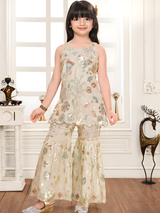 Girls' Festive Cream Sequin Embroidered Peplum Top & Flared Sharara Set