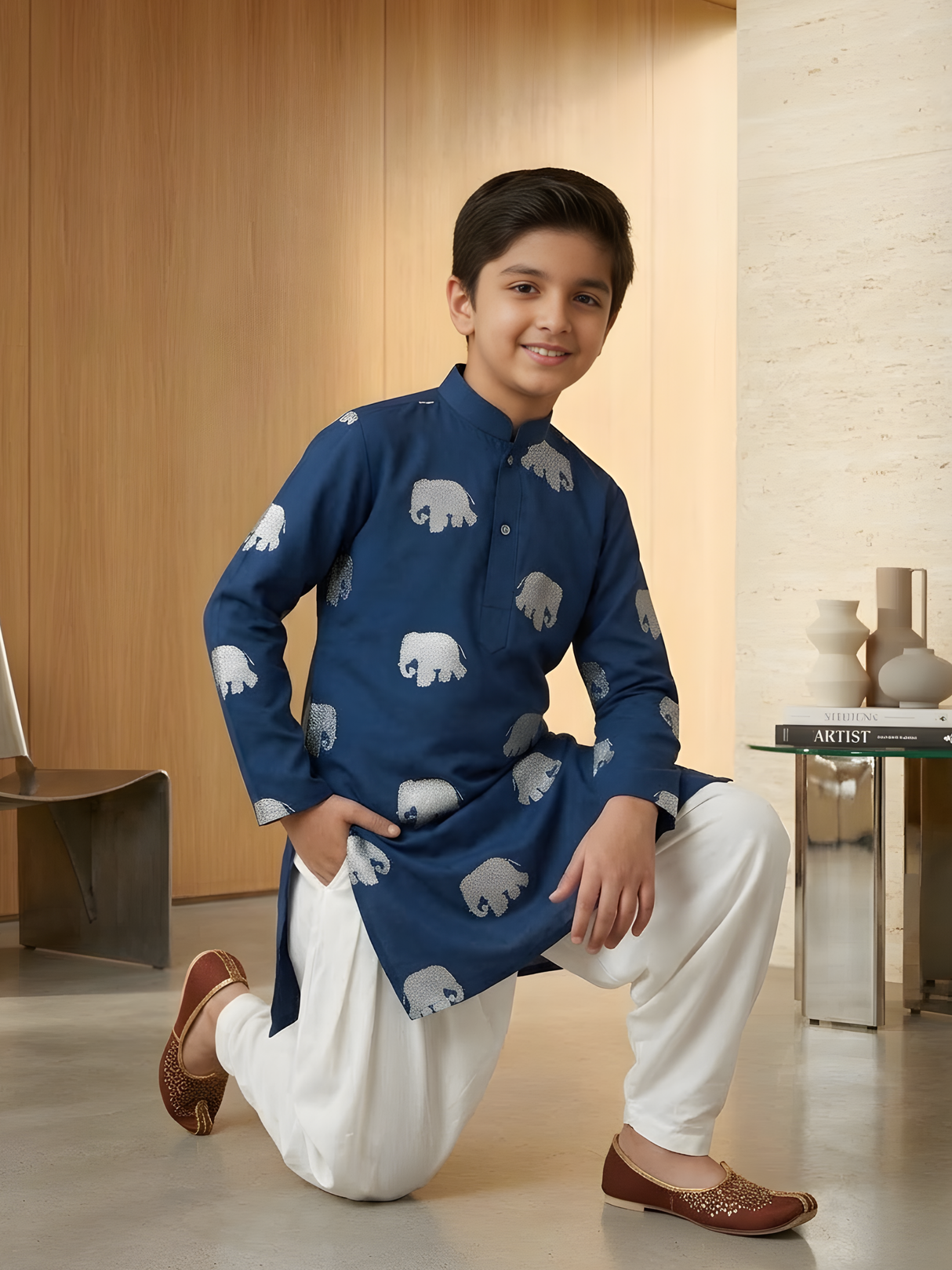 The Silver Majestic Elephant Printed Kurta & Pajama Set (Navy).