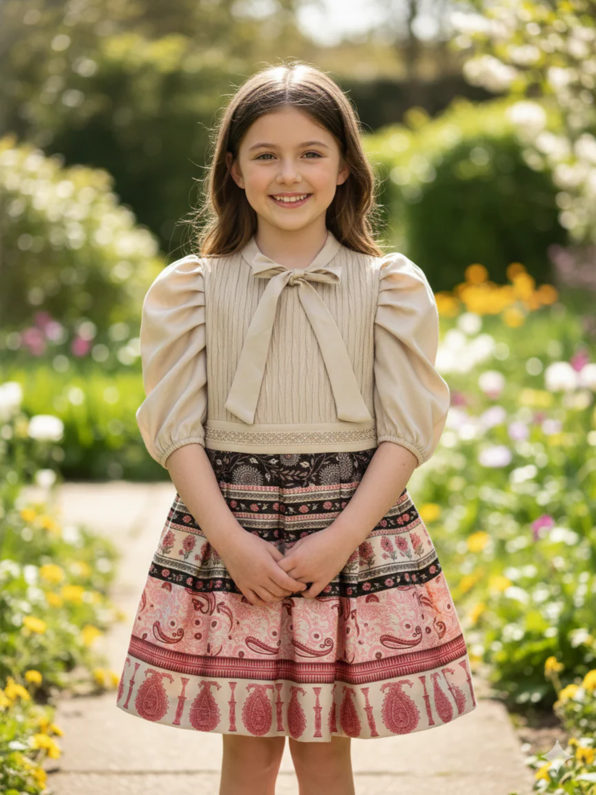 Girls Casual Printed Fancy Frocks - Fawn