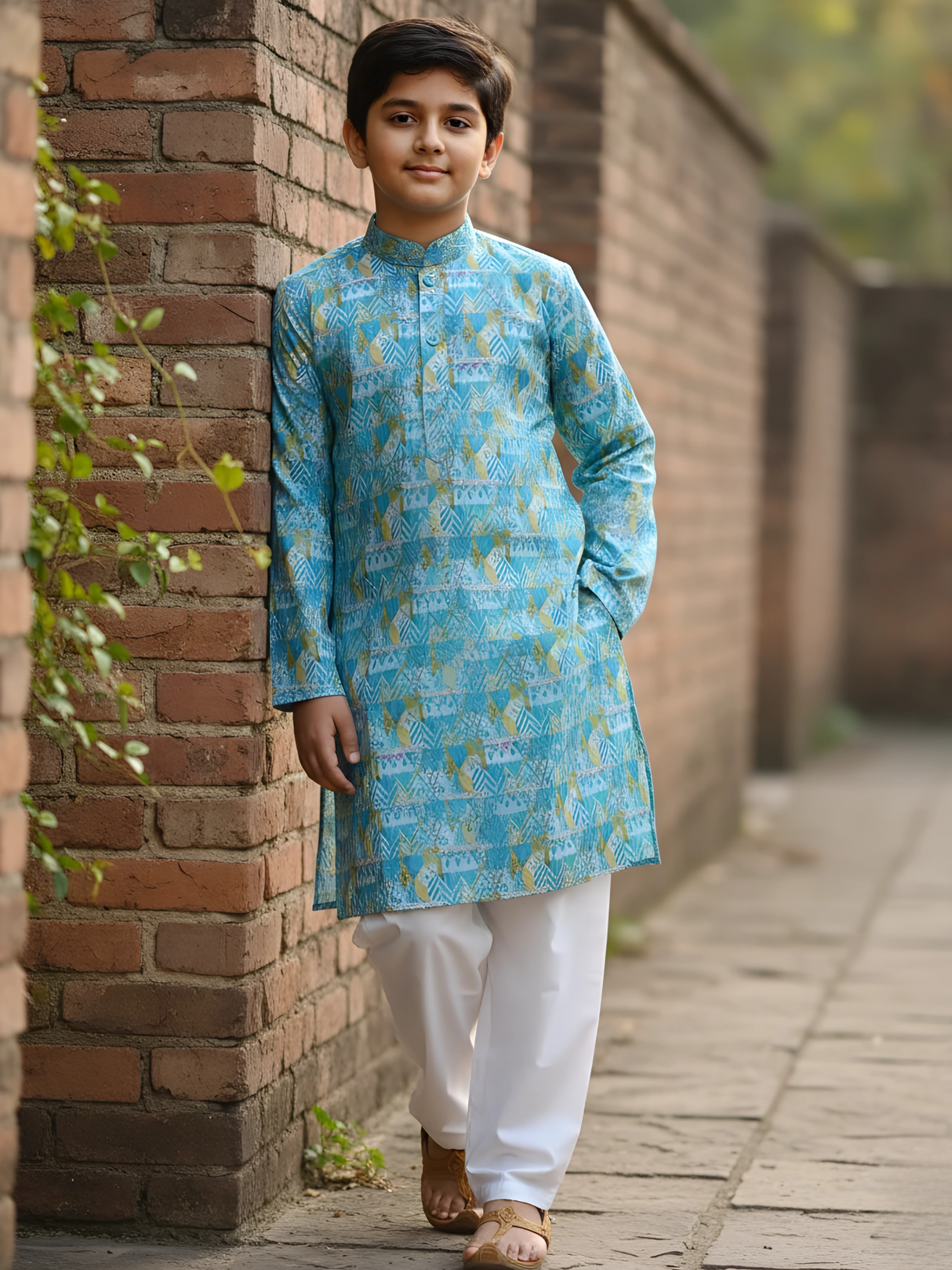 Boys' Light Blue Geometric Print Kurta with White Pajama
