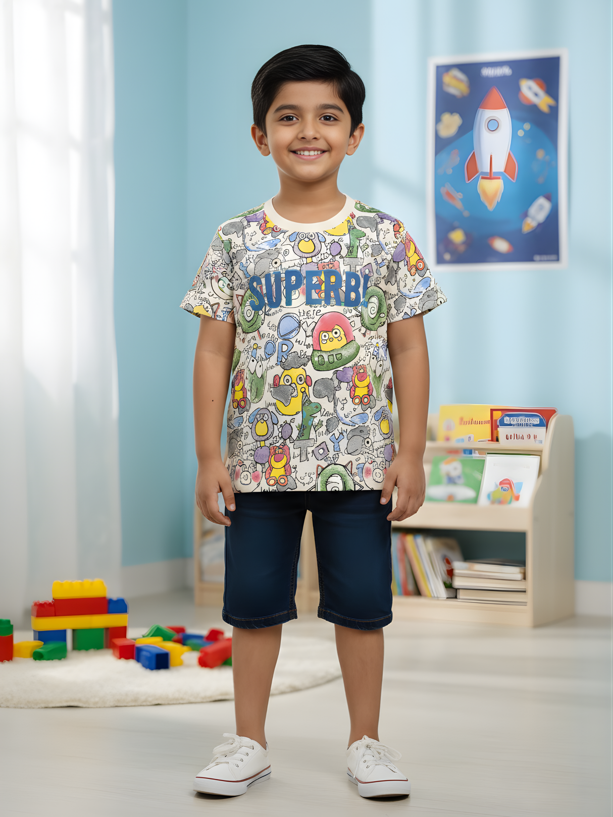 Boys' Cream "SUPERB!" All-Over Alien & Toy Graphic T-Shirt
