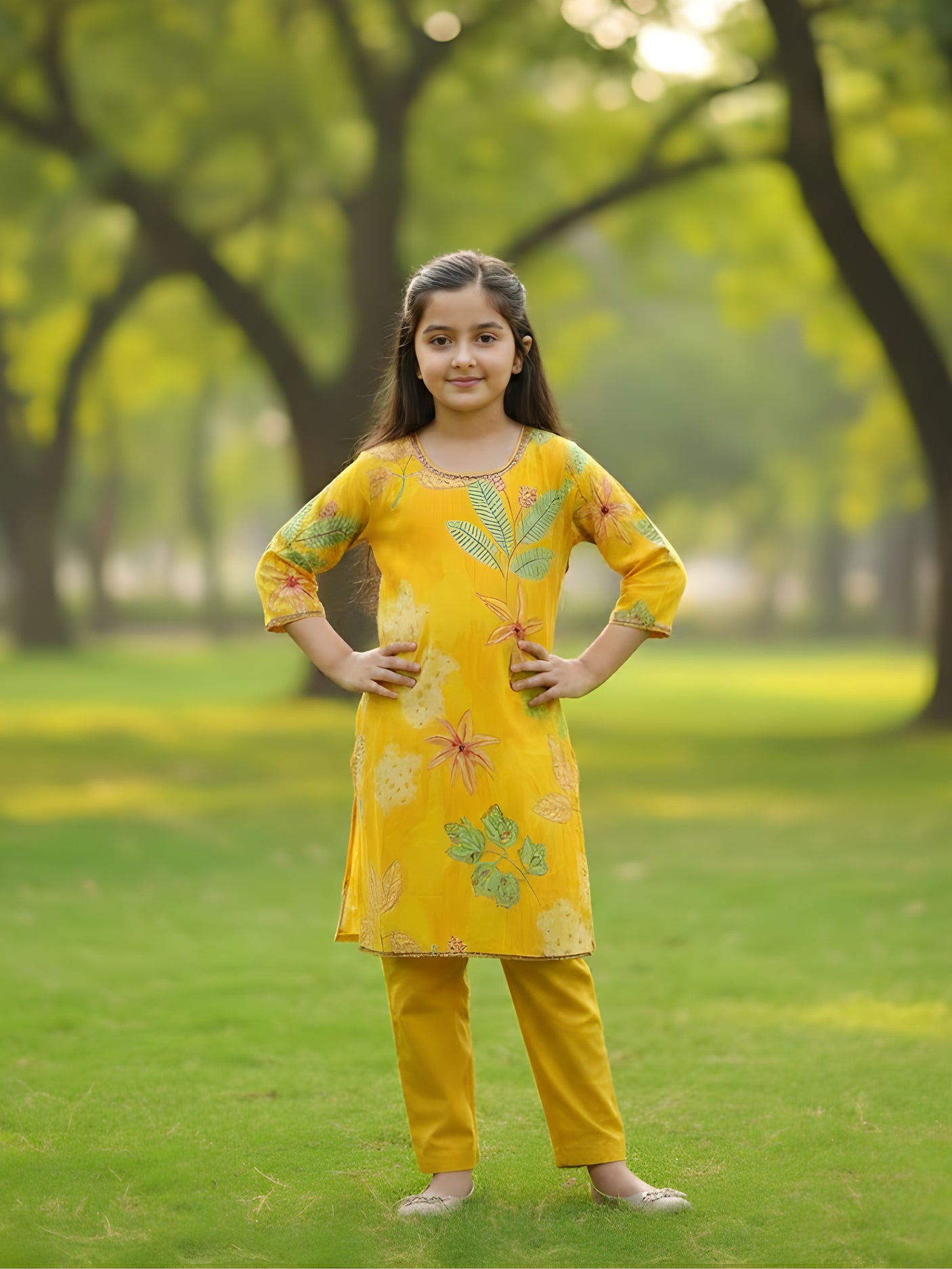 Girls Mustard Yellow Floral Kurta & Pant Set