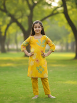 Girls Mustard Yellow Floral Kurta & Pant Set