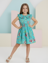 Girls' Floral Print Teal Green Frill Collar Summer Frock/Dress