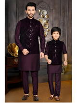 Boys' Dark Purple Kurta Set with Sequin Embroidered Waistcoat