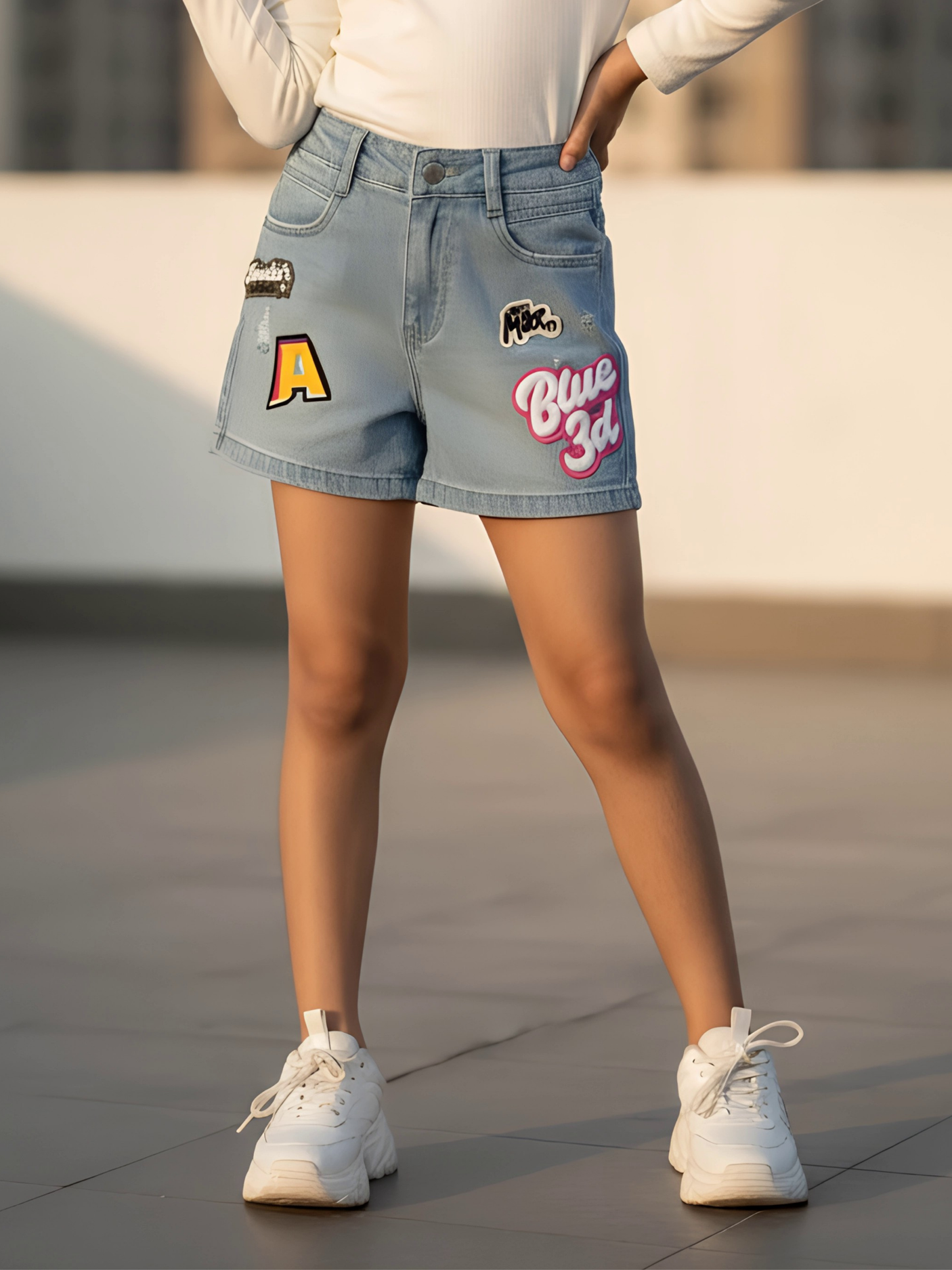 Girls' Light Blue Denim Shorts with Vibrant Graphic Patches and Relaxed Fit.