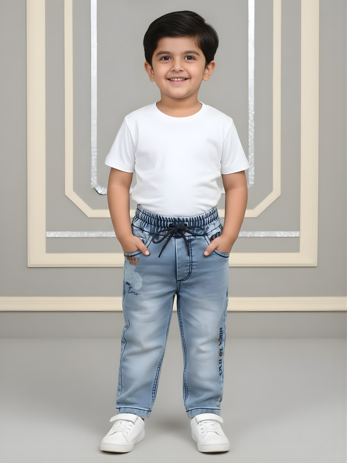 Boys Light Wash Relaxed Fit Denim Jeans with Elasticated Drawstring Waist
