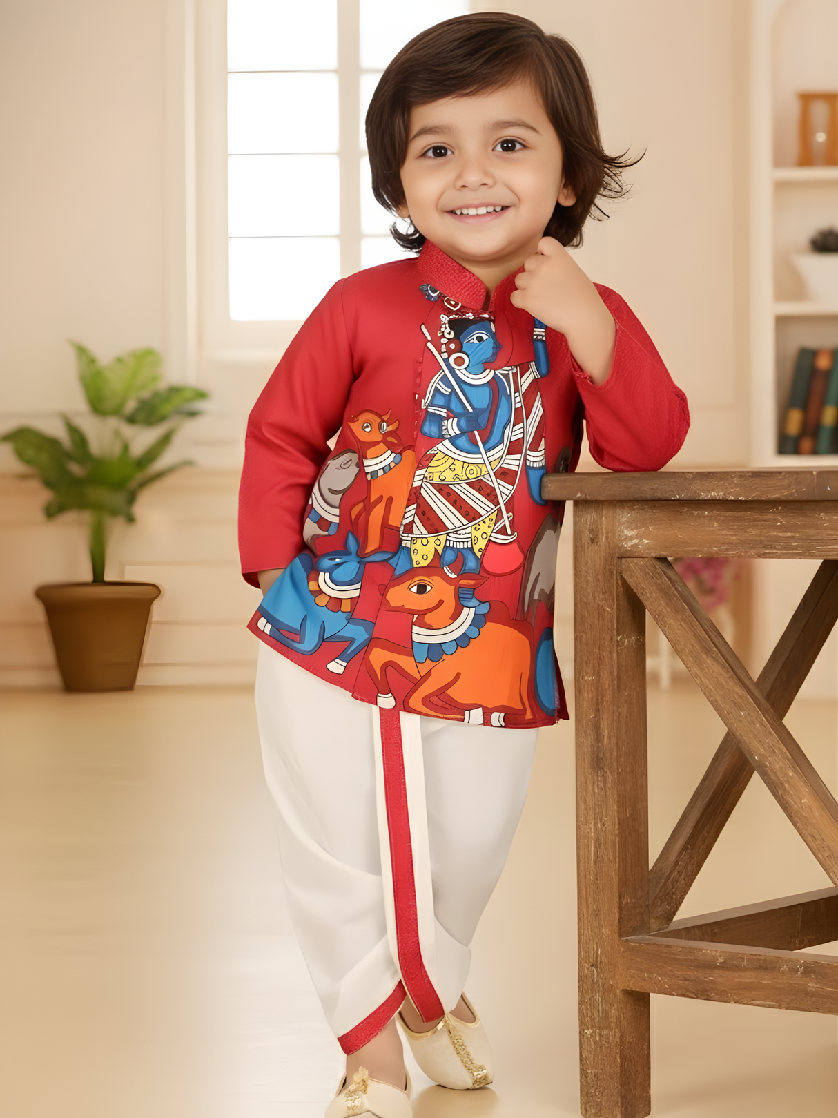 Boys Red Krishna Print Kurta Set with Dhoti