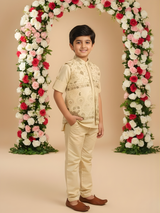 Boys Traditional Self Design Chuddidar Kurta with Koti - Cream