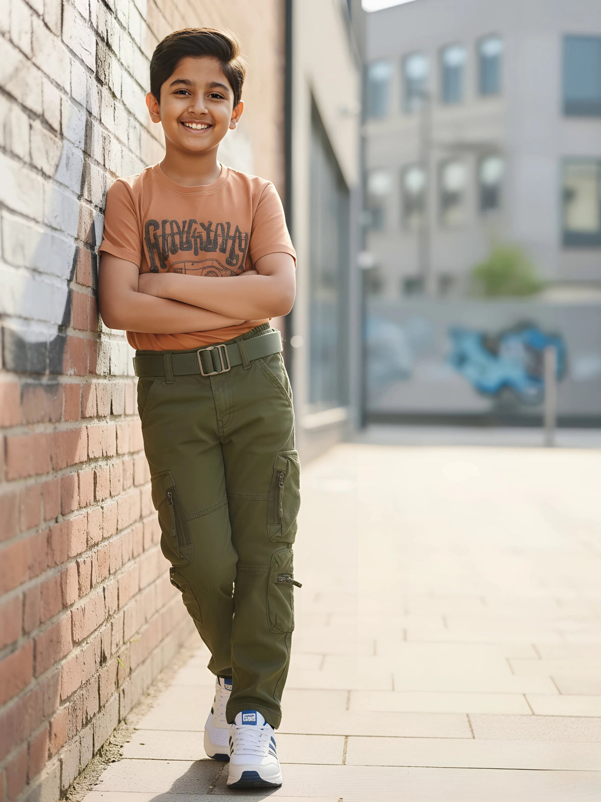 Boys' Olive Green Multi-Pocket Cargo Pants with Web Belt.