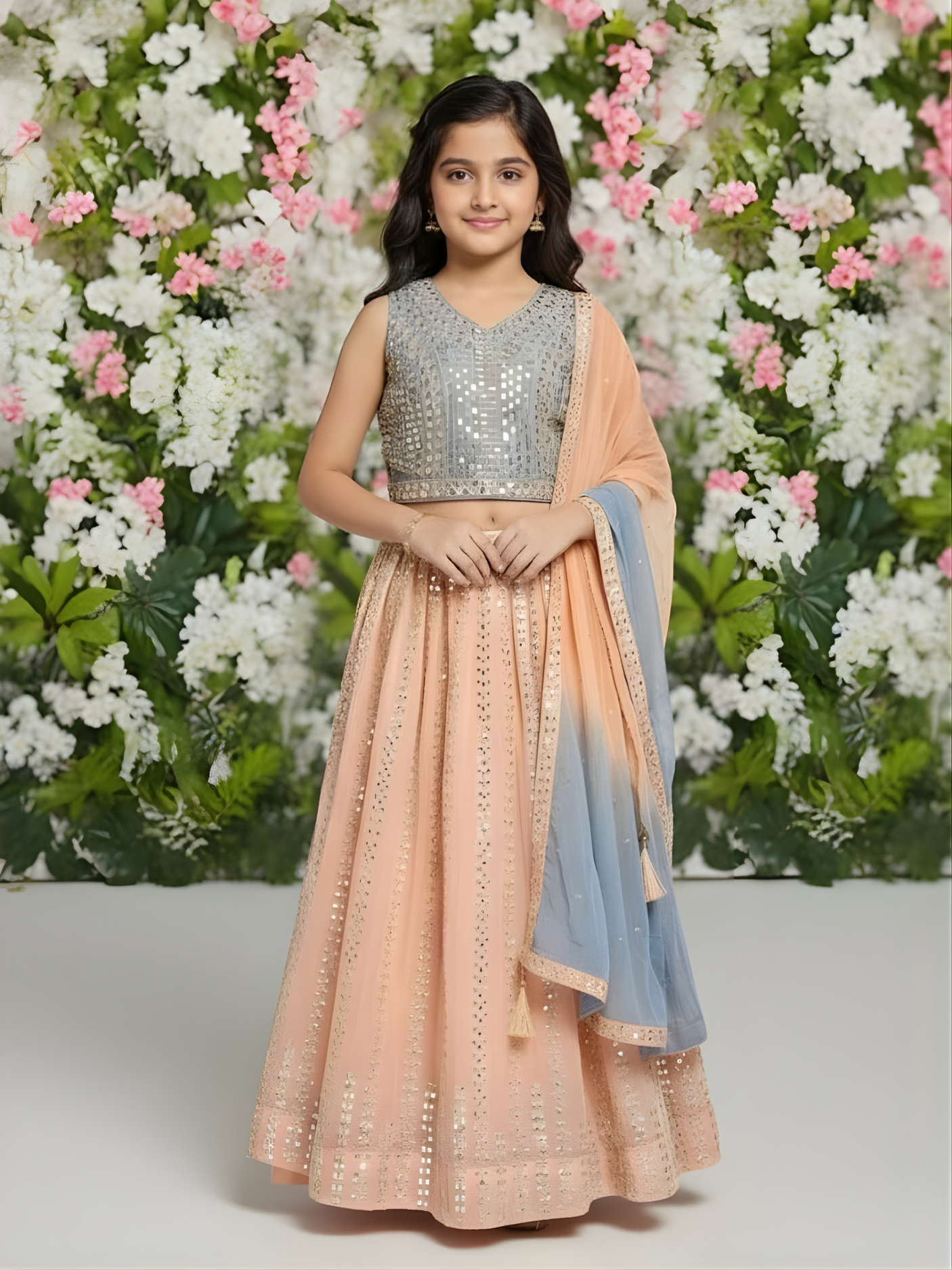 Girls' Peach and Dusty Blue Mirror Work Lehenga Choli Set with Ombre Dupatta