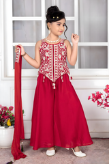 Girls' Festive Red Geometric Embroidered Peplum Palazzo Set