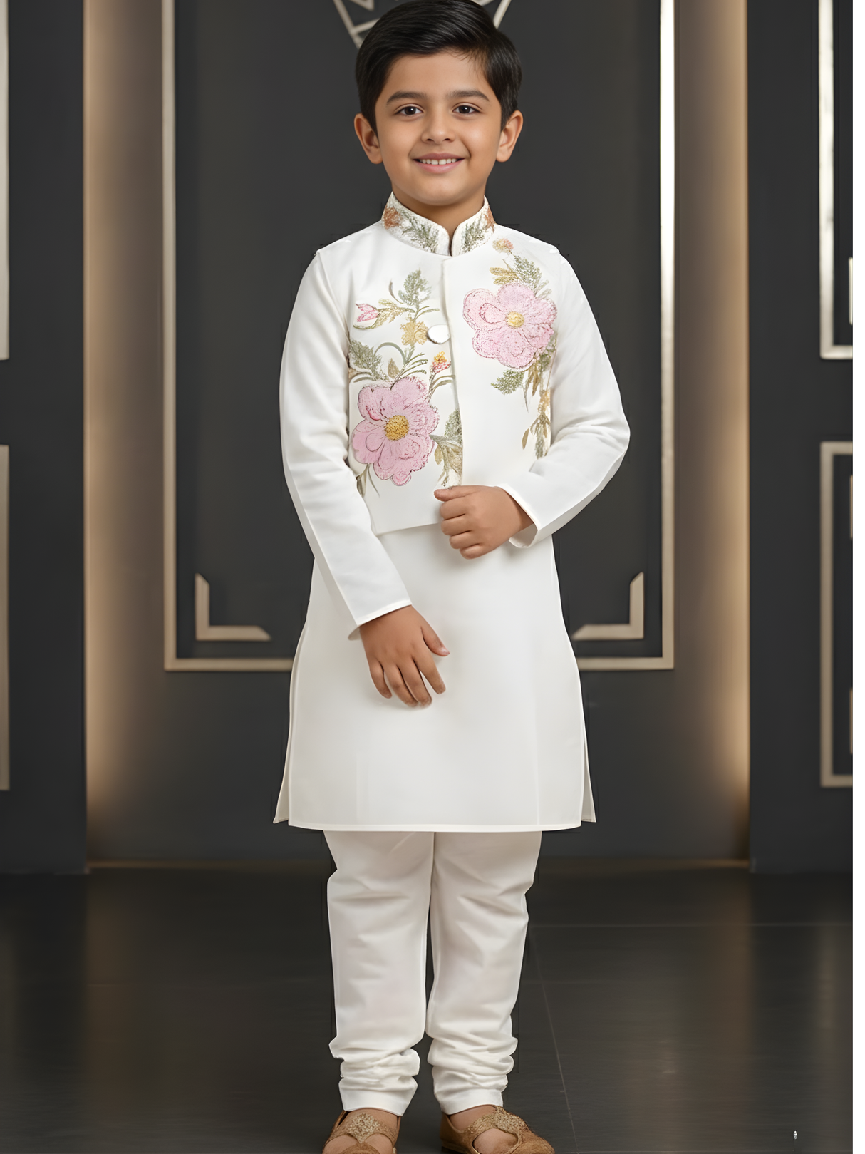 Boys Pristine White Kurta Pajama Set with Floral Embroidered Nehru Jacket