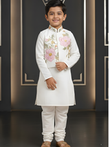 Boys Pristine White Kurta Pajama Set with Floral Embroidered Nehru Jacket
