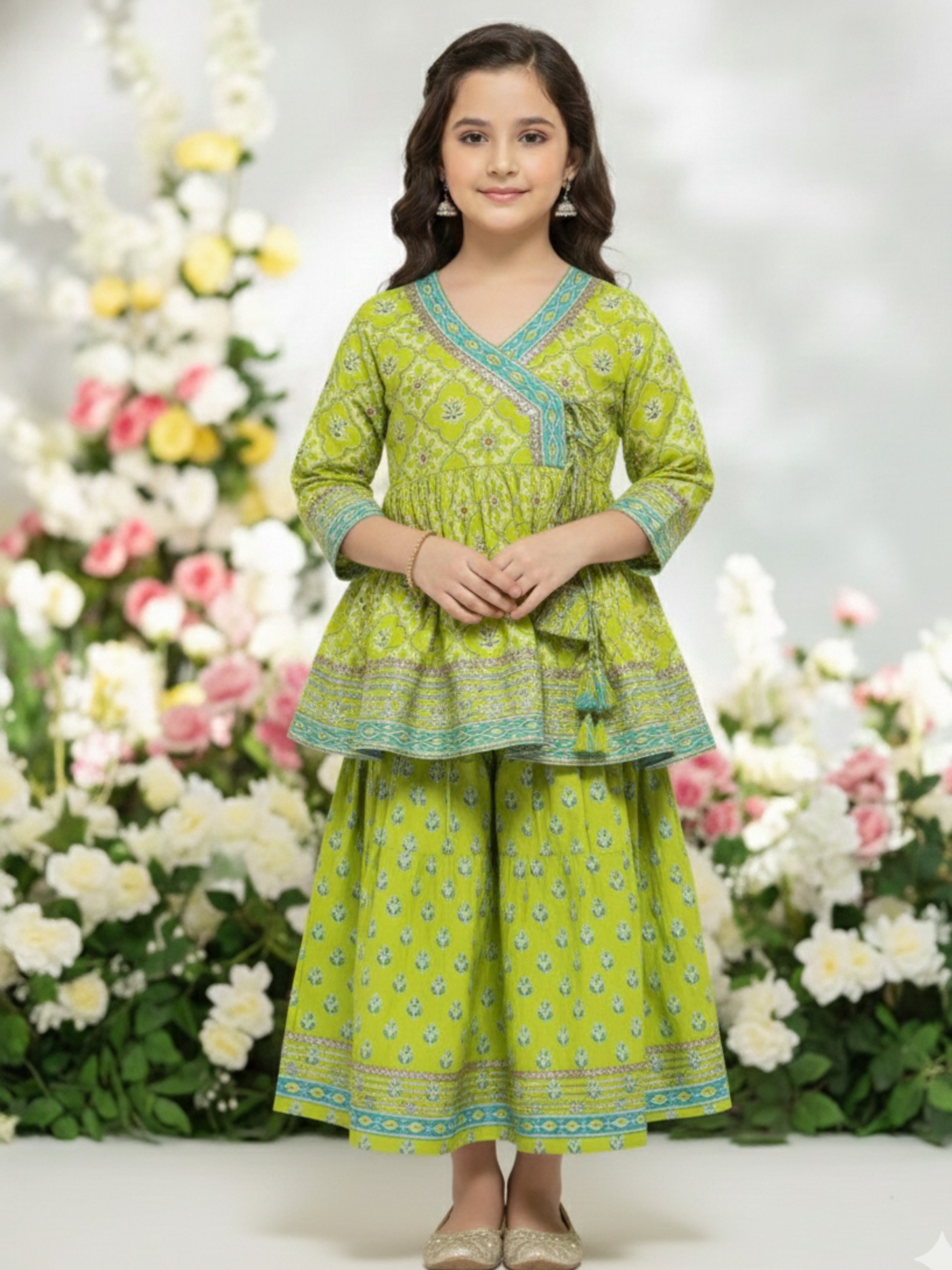 Girls' Elegant Teal Floral Print Angrakha Kurti, Trouser & Dupatta Set