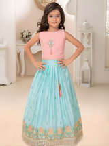 Girls' Mint Green Sequin and Mirror Work Lehenga Choli with Jacket