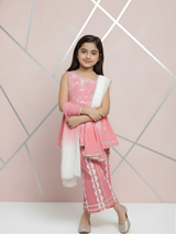 Girls' Powder Pink Embroidered Peplum Kurta & Printed Sharara Set.