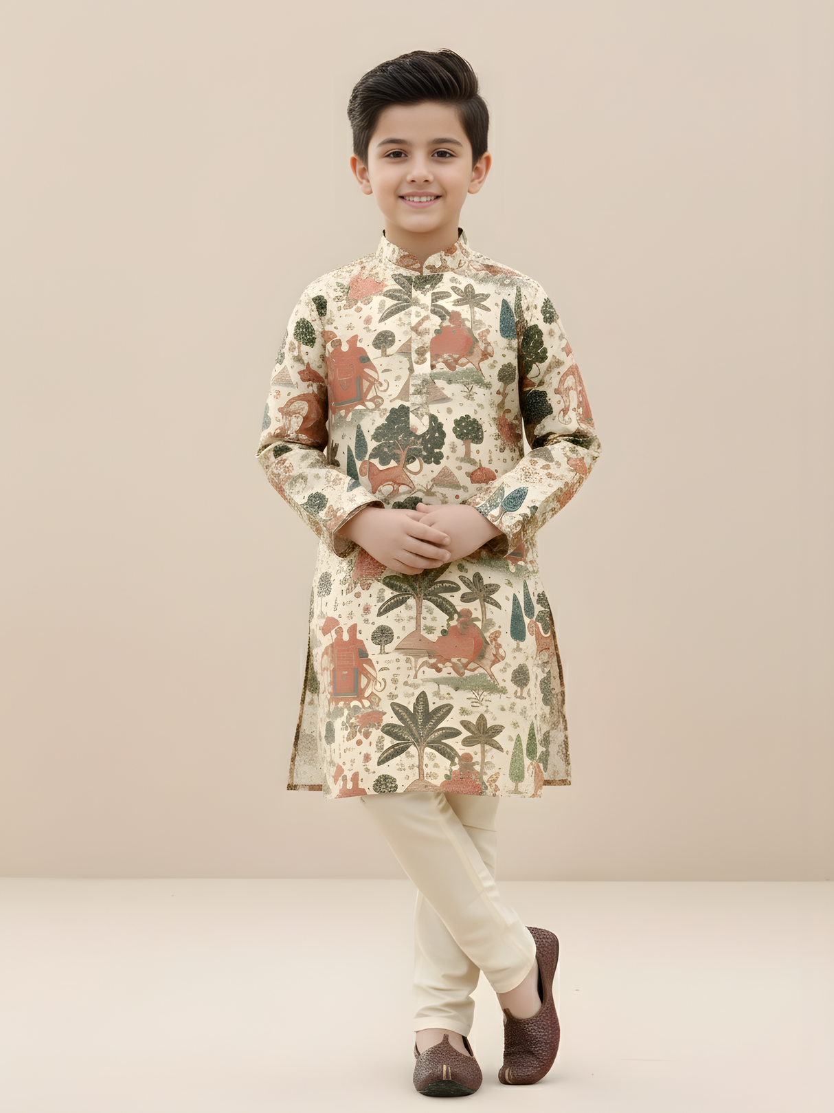 Boys Traditional Printed Chuddidar Kurta Set - Green