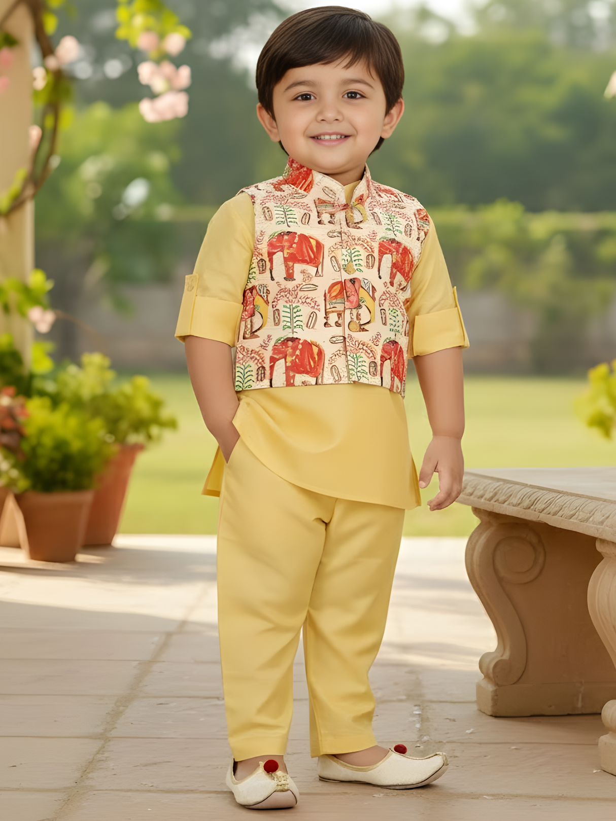 Boys Yellow Kurta Set with Elephant Print Nehru Jacket
