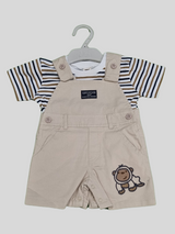 Baby Boys’ Beige Dungaree Set with Striped T-Shirt and Cute Monkey Patch - Brown