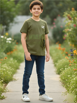 Boys' Olive Green Techwear T-Shirt with Utility Pocket and Slogan