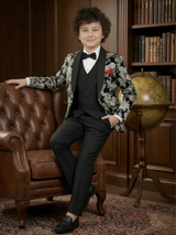 Boys' Black and Cream Floral Print Tuxedo Jacket with Waistcoat and Trousers Set