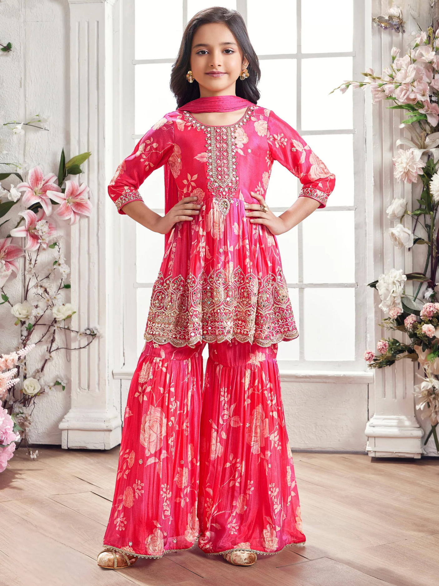 Girls' Festive Rani Pink Floral Print Gharara Suit with Heavy Yoke Embroidery