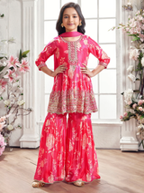 Girls' Festive Rani Pink Floral Print Gharara Suit with Heavy Yoke Embroidery