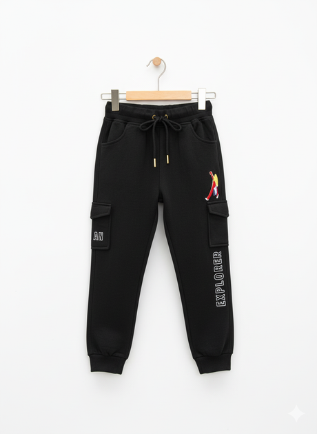 Black fleece jogger pants for boys featuring cargo style pockets, an embroidered 'EXPLORER' graphic, and a drawstring waist.