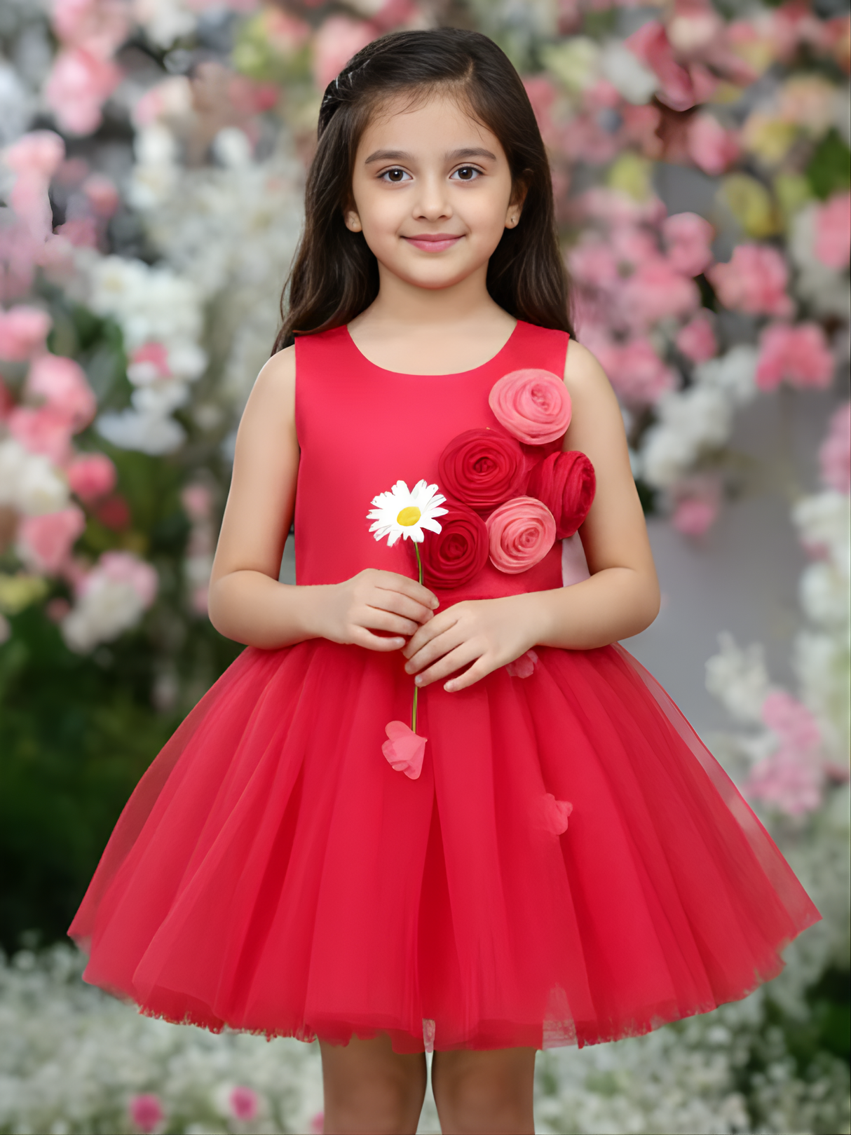 Girls Party  Heavy Party Frock With Work - Red