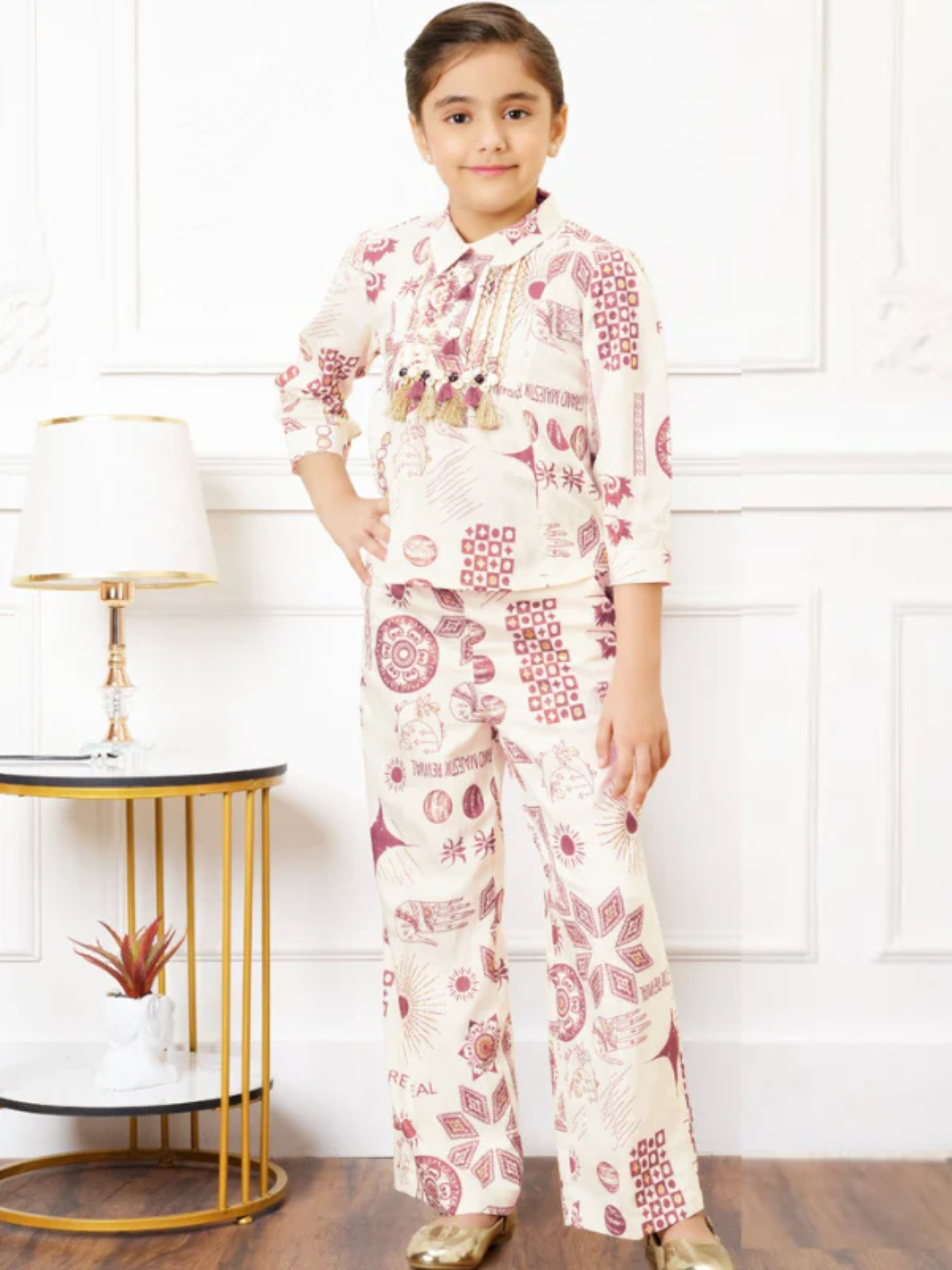 Girls Sleeveless Patchwork Digital Print Jumpsuit with Attached Koti