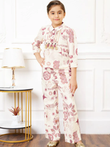 Girls Sleeveless Patchwork Digital Print Jumpsuit with Attached Koti