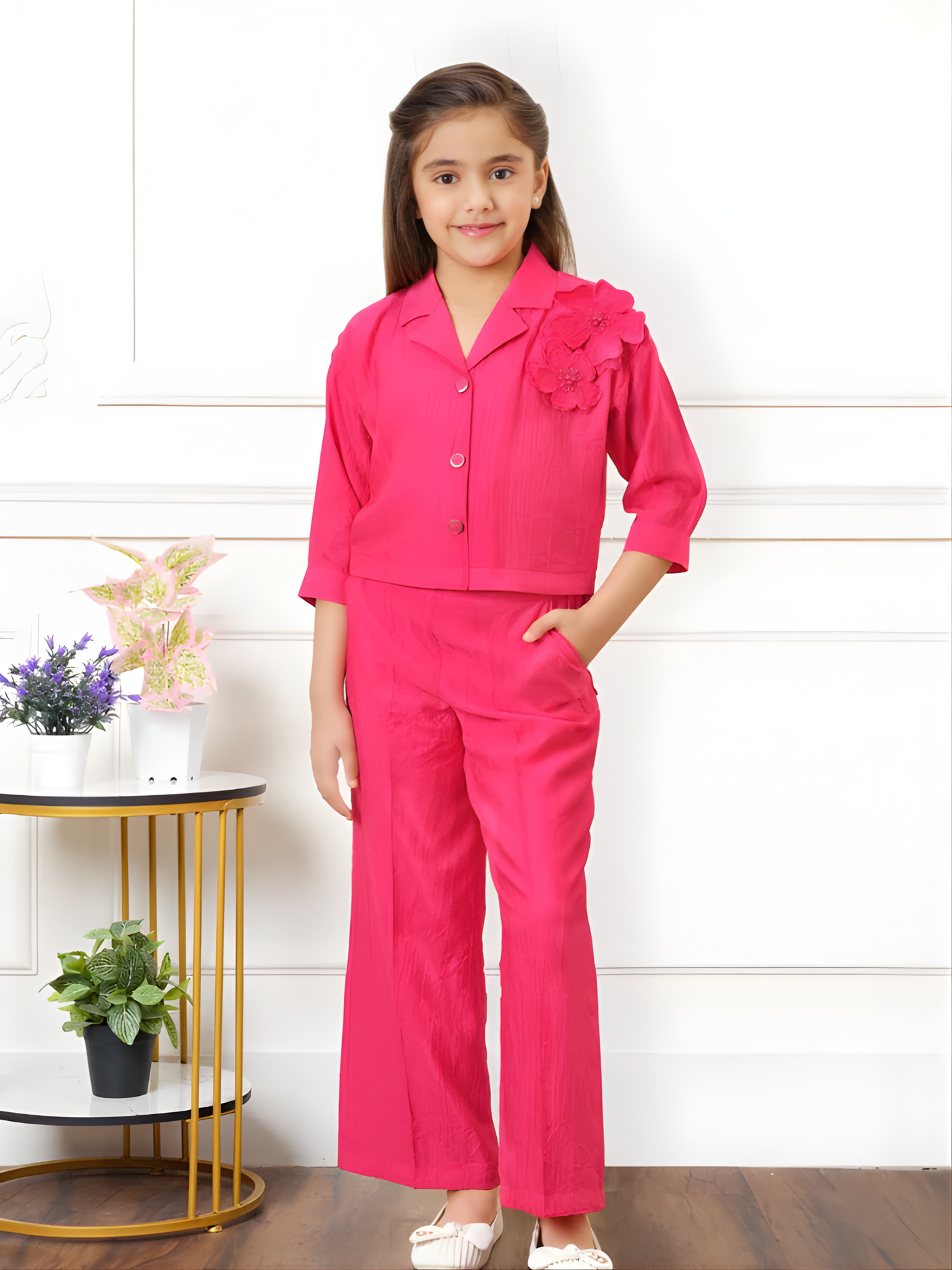 Girls' Fuchsia Pink Co-ord Set with Crop Shirt and Wide-Leg Palazzo Pants