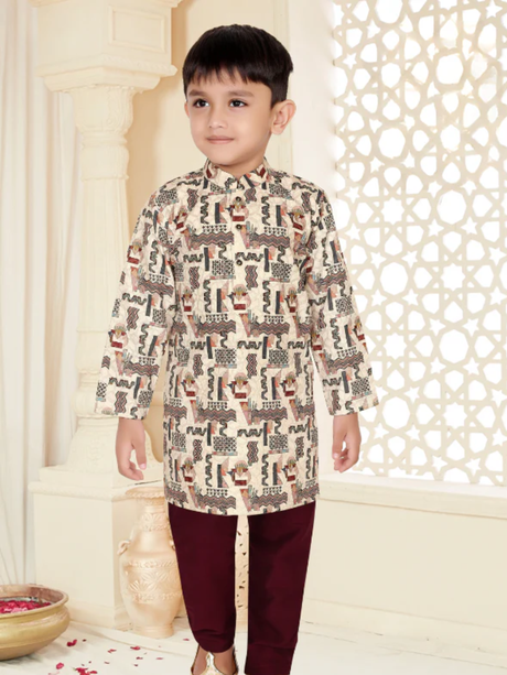 Boys' Festive Dusty Pink Kurta and White Pajama Set