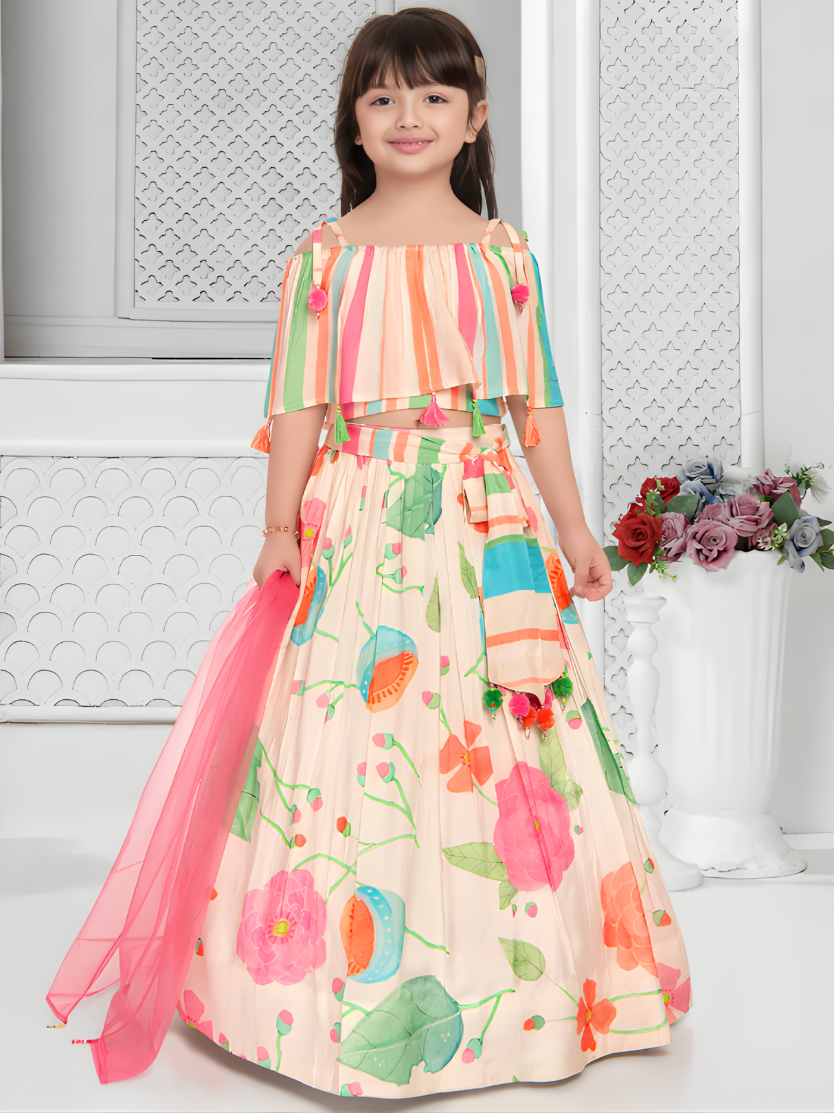 Girls' Rich Wine Floral Printed Lehenga Choli