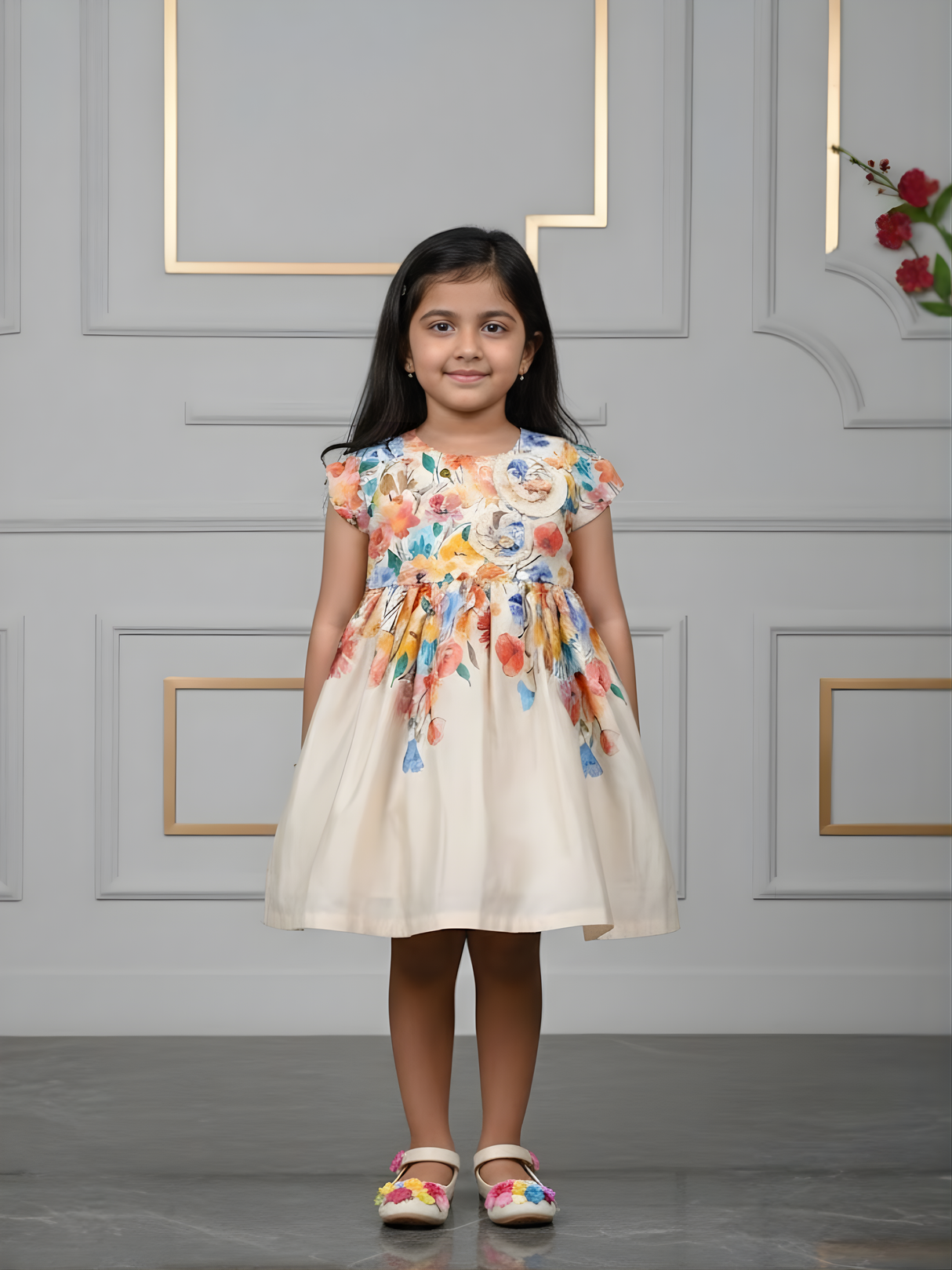 Girls Cream Floral Print A-Line Frock with Rosette Detail