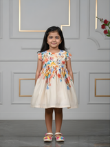 Girls Cream Floral Print A-Line Frock with Rosette Detail