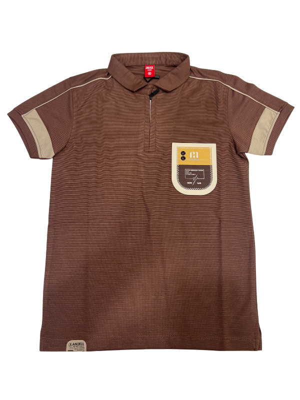 Boys Brown Polo Shirt with Zip Closure and Pocket Detail