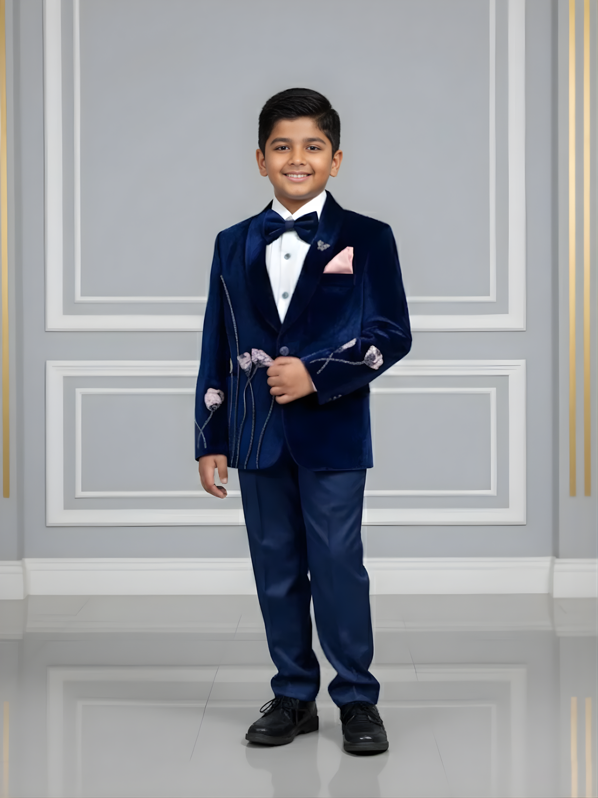 Boys' Sophisticated Black Pinstripe Velvet Blazer Set