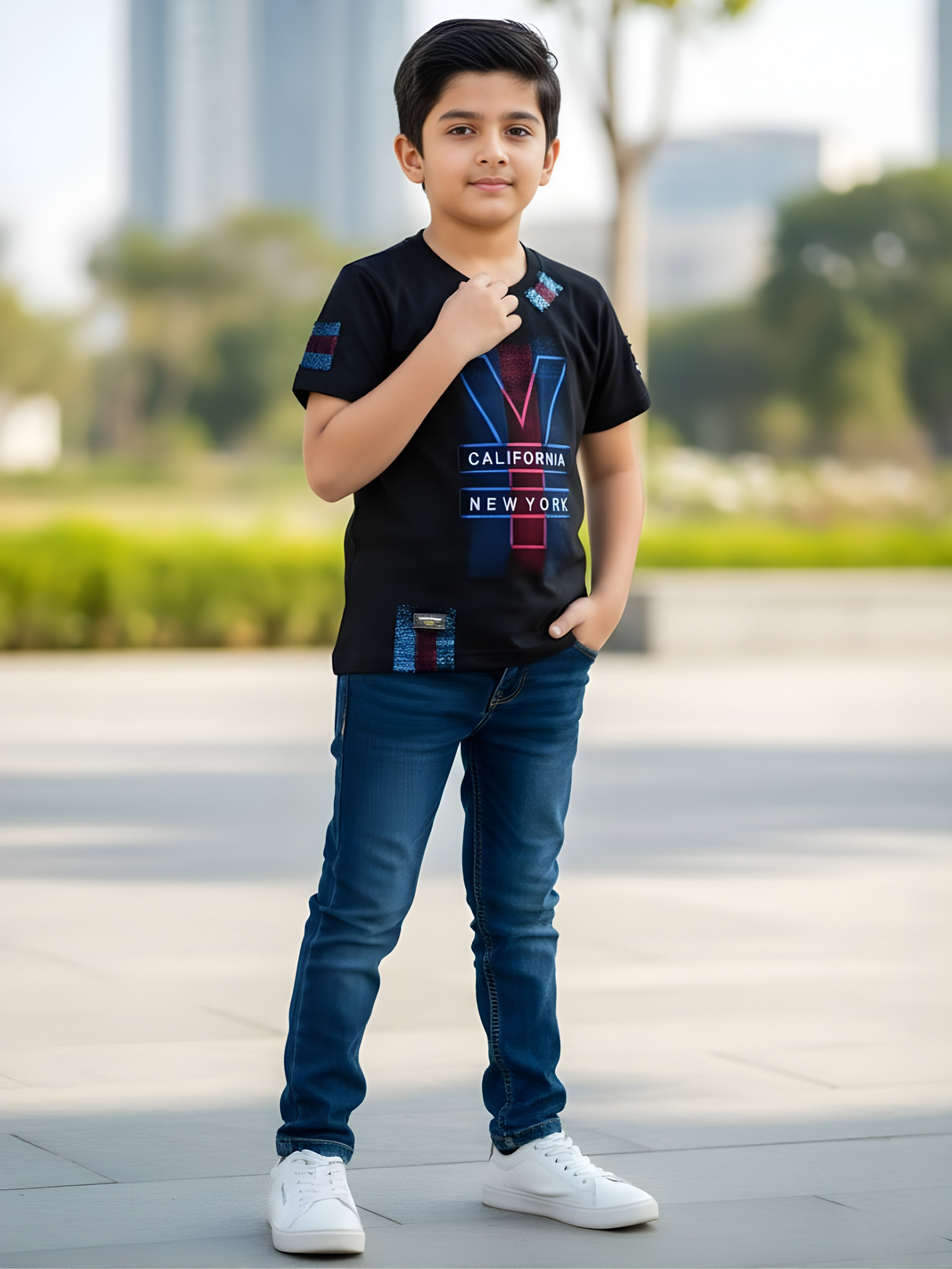 Boys' Black City V-Graphic Tee with Neon New York & California Text