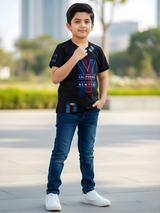 Boys' Black City V-Graphic Tee with Neon New York & California Text