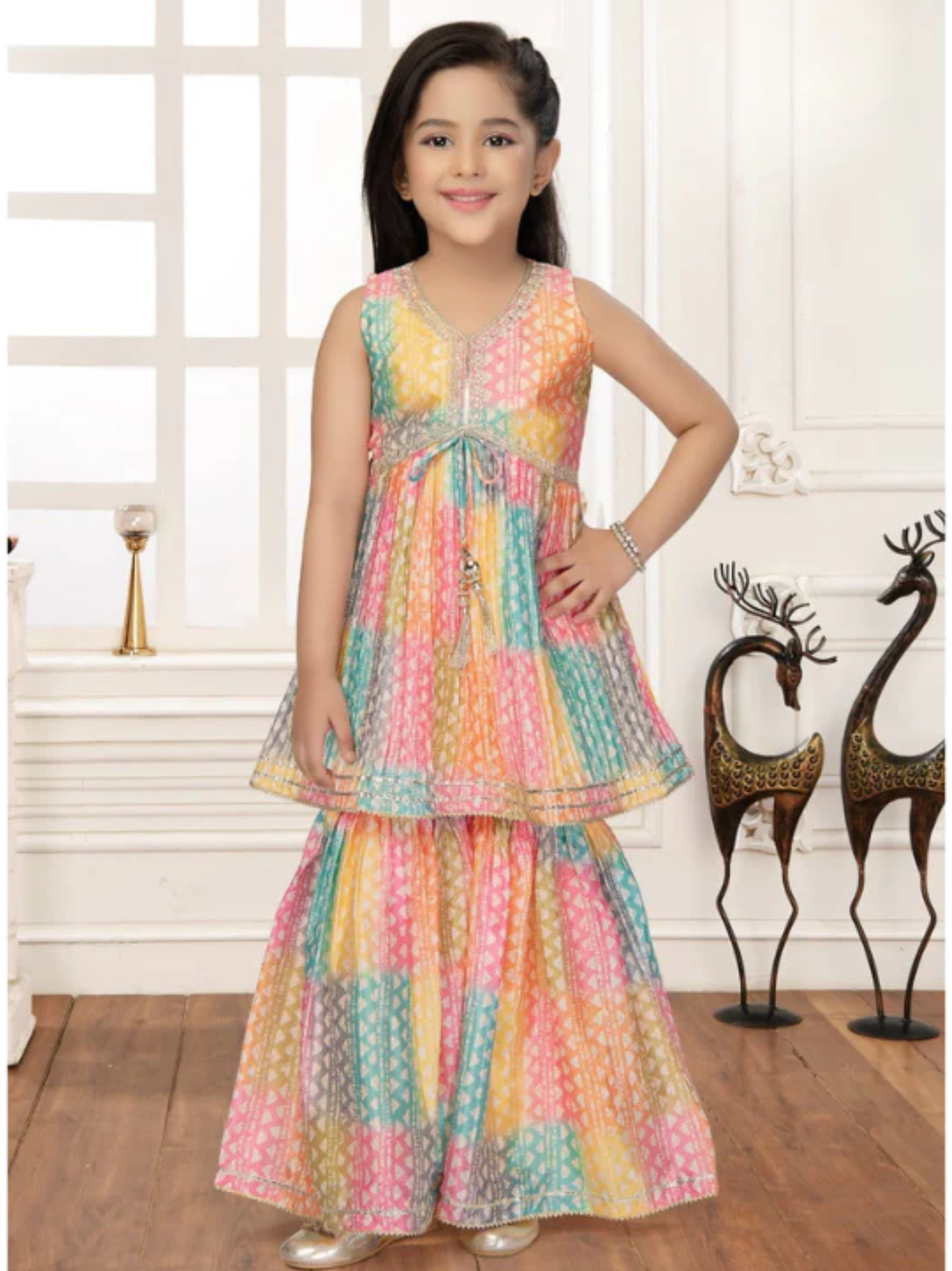 Girls Traditional Sleeves Less Sharara Set