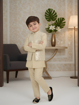 Boys' Fawn Beige Kurta Pajama Set with Embroidered Nehru Jacket